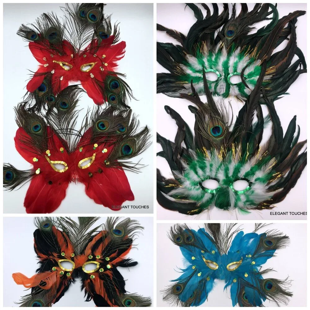 LOT 6 Masqquerade Mardi Gras Mask Adult Feathered Sequins Red Blue Green Orange